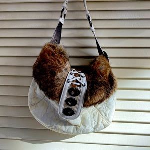 Coach White Satin Quilted and Brown Fur Hobo Bag
